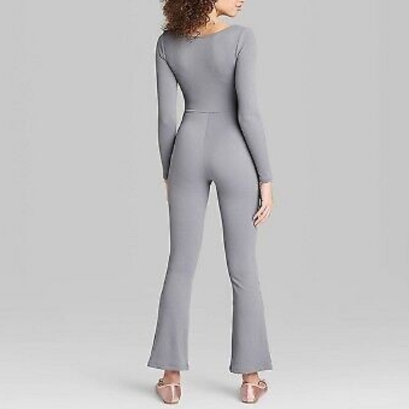 Wild Fable Womens Long Sleeve GRAY Ribbed Jumpsuit Flared Leg - Picture 2 of 10